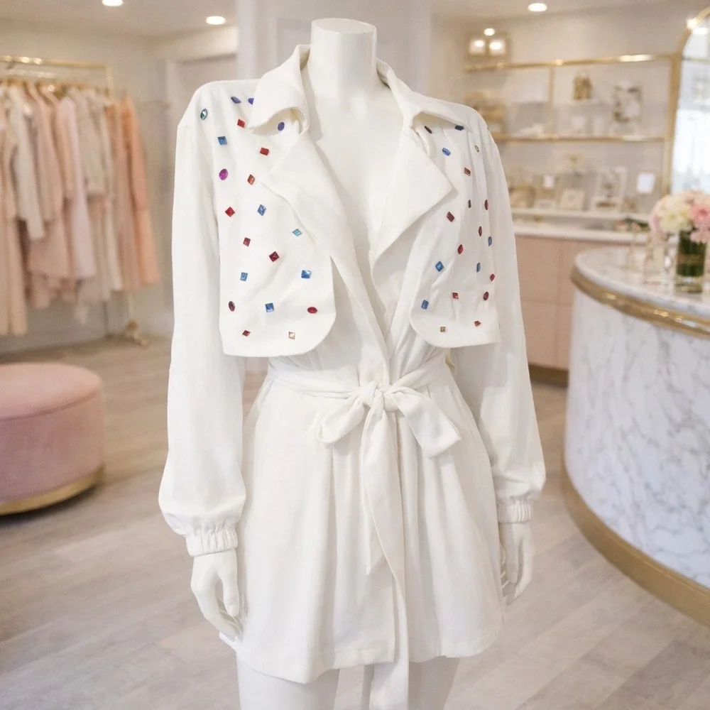 Shein‎ Curve White Rhinestone Embellished Long Sleeve Romper 4XL
